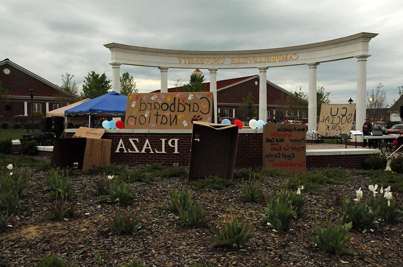 Cardboard Nation took place at Alumni & Friends Park, Noe Plaza, overnight Friday, April 24 until early morning Saturday, April 25. The Social Workers in Touch Can Help Club (SWITCH) decorated the landscape with other boxes to help draw attention to the event. (Campbellsville University Photo by Kasey Ricketts)