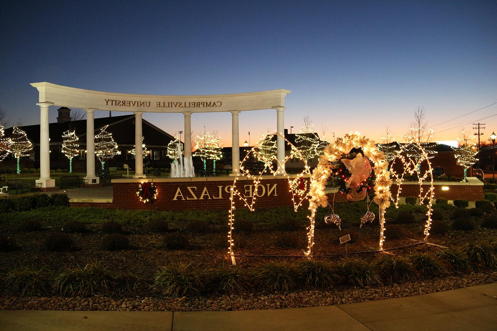 New Christmas lighting in front of Alumni and Friends Park