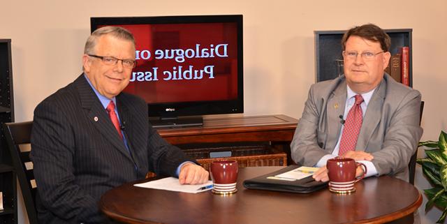 Campbellsville University’s John Chowning, vice president for church and external relations and  executive assistant to the president of CU, right, interviews Dr. Paul Chewning, president of the  Appalachian College Association Inc., for his “Dialogue on Public Issues” show. 