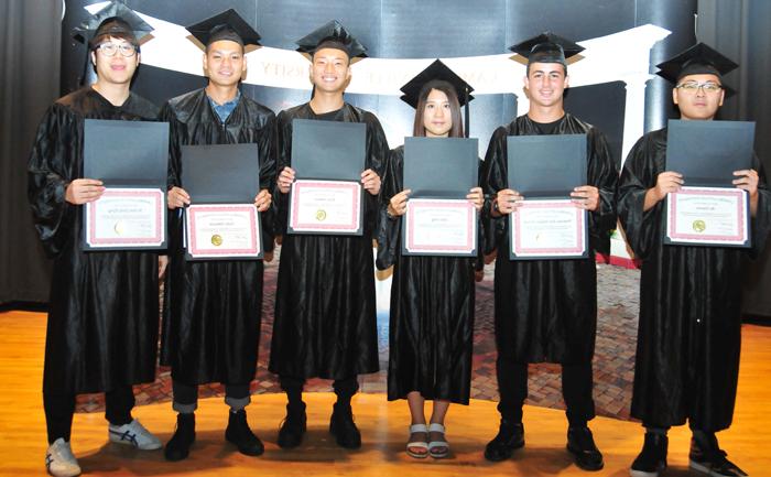 Students graduating from English as Second Language program at Campbellsville University include from left: Haoran Bo of Beijing, China; Francisco Jose Delgado Azuaje of Caracas, Venezuela; Sifan Teng of Fujian, China; Kota Shimizu of Hiroshima, Japan; Yudai Yamauchi of Okinawa, Japan and John Kang of Busan, South Korea. (Campbellsville University photo by Joshua Williams)